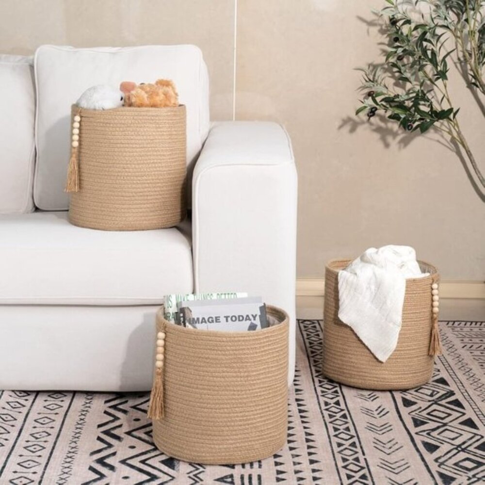 New Set of 3 Storage Baskets, Small Woven Cube Bins with Wooden Beads & Tassel